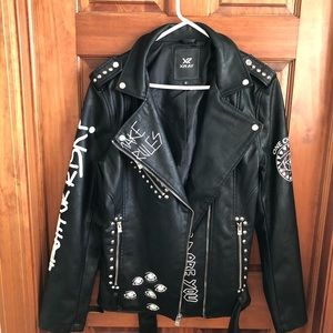 Men’s Graffiti Print PU Moto Jacket